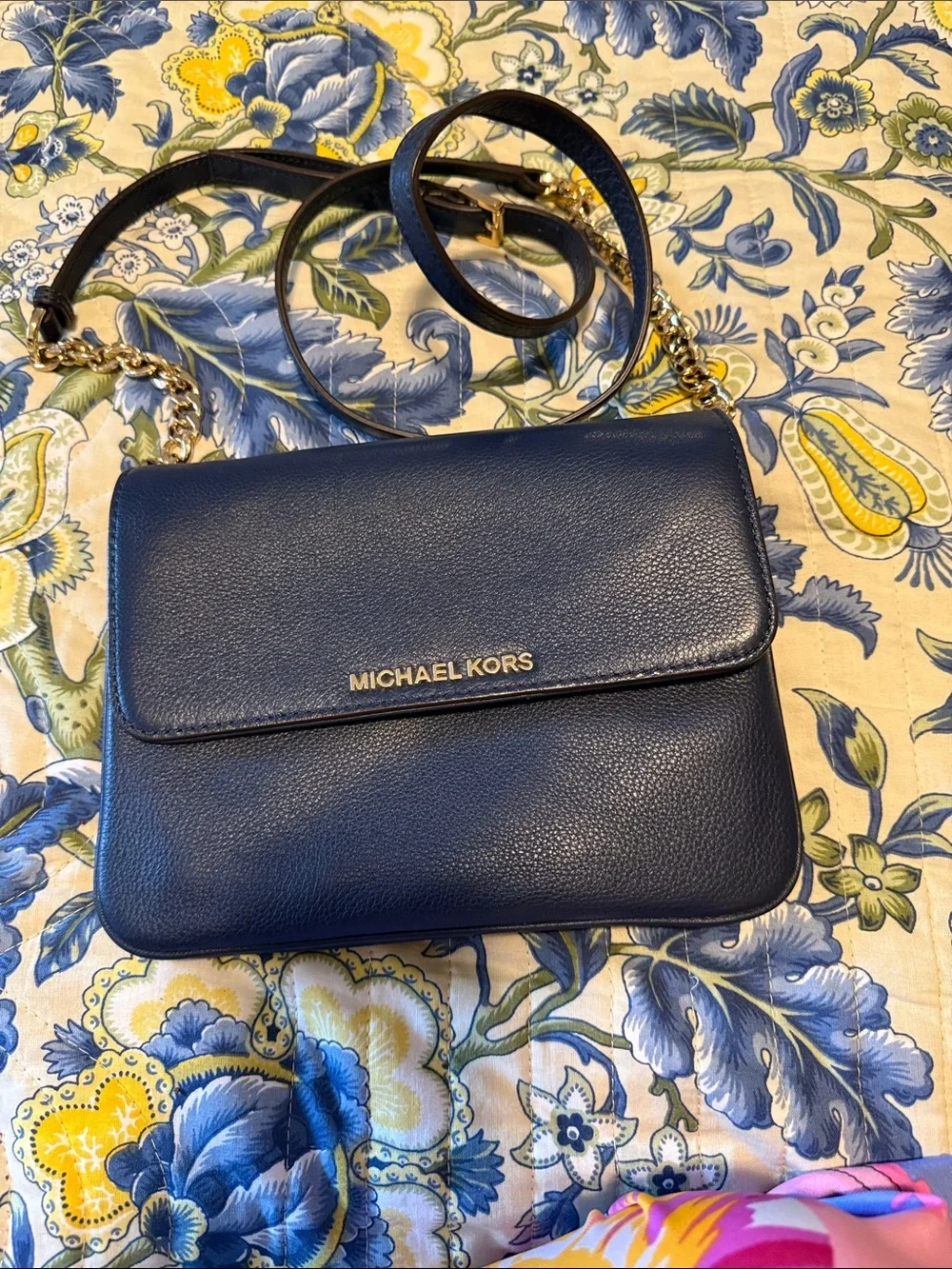 Michael Kors Dark Blue Leather Chain-Accent Crossbody